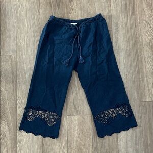 Navy Blue Cropped Pants with Lace Hem